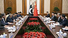 Pákistánský ministr zahrani�í I�ak Dar a jeho �ínský prot�j�ek Wang I v Pekingu...