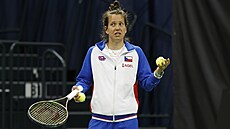 Kapitánka Barbora Strýcová na tréninku �eských tenistek p�ed utkáním BJK Cupu...