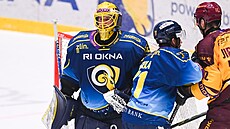 Zlínský branká� Daniel Huf ve finálovém utkání 1. hokejové ligy proti Jihlav�.
