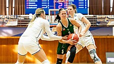 Kate�ina Ká�ová z SB� Ostrava prochází obranou Levhartic Chomutov.