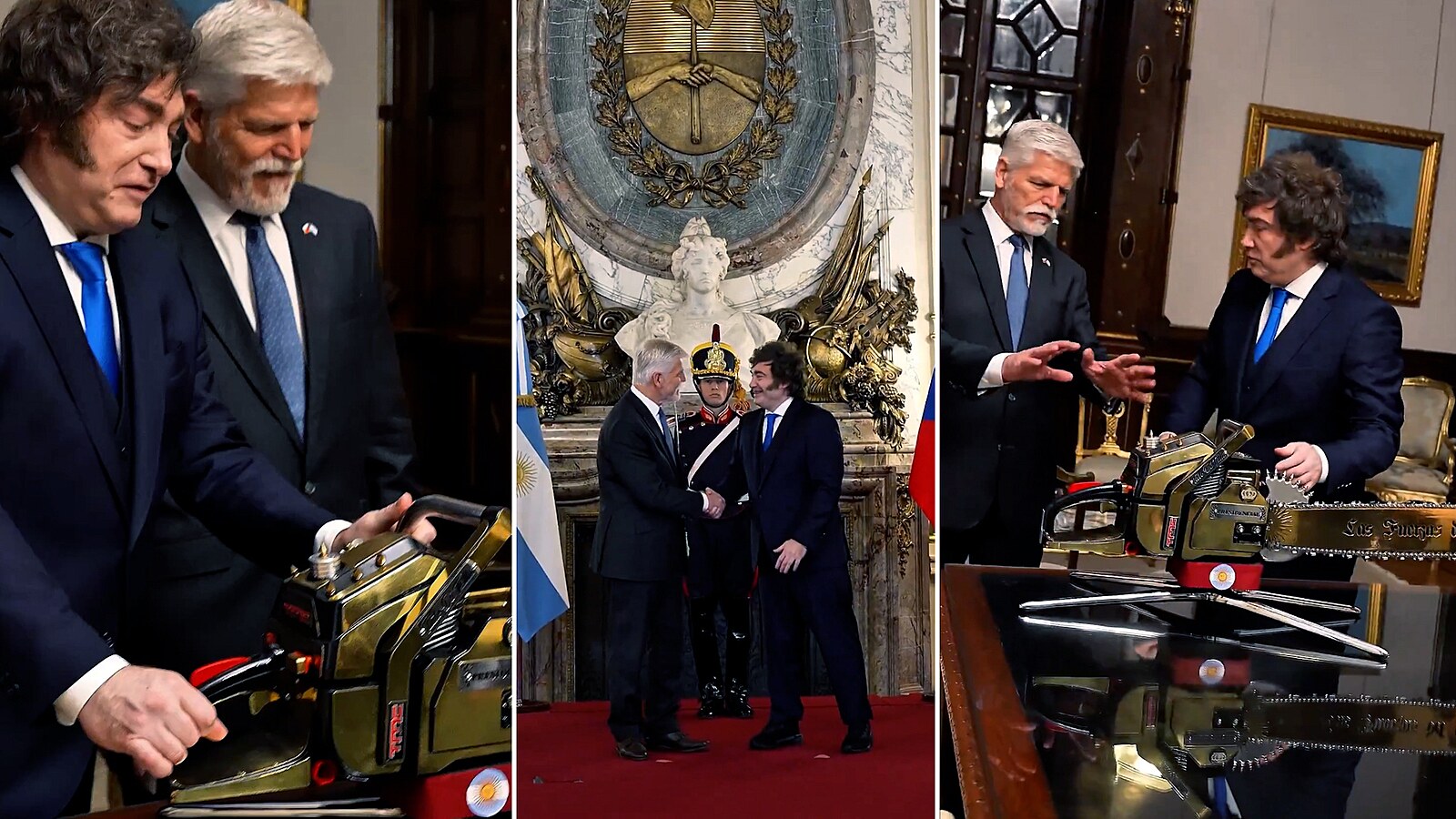 Milei ukázal Pavlovi slavnou „rozpočtovou“ pilu, prezident si ji potěžkat nechtěl