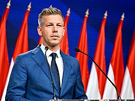 Péter Magyar hovo�í s noviná�i v Budape�ti poté, co porazil stranu premiéra...