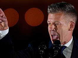 Péter Magyar, v�dce ma�arské opozi�ní strany Tisza, promlouvá v Budape�ti ke...