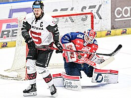 Spar�anský úto�ník Filip Chlapík cloní p�ed branká�em Romanem Willem z Pardubic.