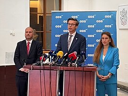 P�edseda ODS Martin Kupka, poslanci Eva Decroix a Petr Sokol na tiskové...