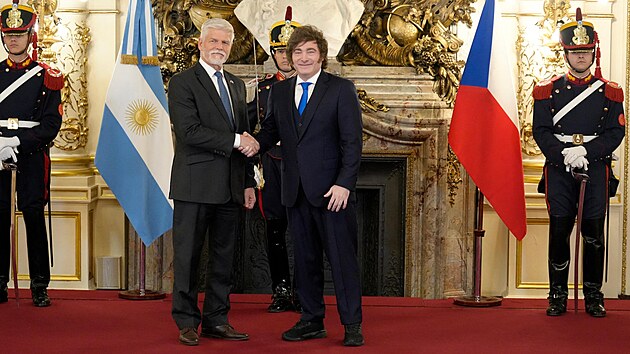 Petr Pavel se setkal se sv�m argentinsk�m prot�j�kem Javierem Mileiem v r�mci diplomatick� n�v�t�vy Argentiny a Chile. (14. dubna 2026)