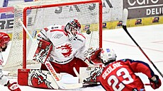 Pardubický Luká� Sedlák p�ekonává ve druhém finále t�ineckého gólmana Ond�eje...