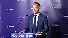 Lídr strany Tisza Péter Magyar hovo�í v den parlamentních voleb v Budape�ti....