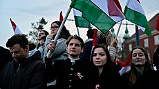 Lidé v Budape�ti dr�í ma�arské vlajky, zatímco �ekají na výsledky parlamentních...