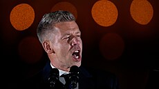 Péter Magyar, v�dce ma�arské opozi�ní strany Tisza, promlouvá v Budape�ti ke...