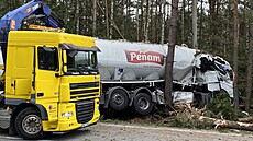 Pohled na zdemolovanou kabinu kamionu, která po nárazu skon�ila v lesním...