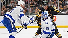 Bostonský úto�ník David Pastr�ák v souboji s branká�em Andrejem Vasilevským z...