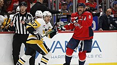 JUBILEJNÍ BITVA. Sidney Crosby z Pittsburghu (87) a Alexandr Ove�kin z...