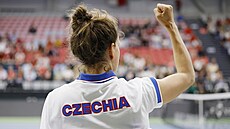 Kapitánka Barbora Strýcová hecuje sv��enkyn� v utkání BJK Cupu proti �výcarsku.