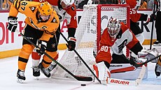 Branká� Philadelphie Dan Vlada� zasahuje proti �anci Sidneyho Crosbyho z...