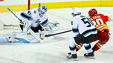Vítek Van��ek (41) v brán� Utah Mammoth �elí v duelu s Calgary Flames pokusu...