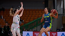 Maite Cazorlaová z USK Praha u mí�e v zápase s KP Brno, brání ji Eli�ka �ílová.