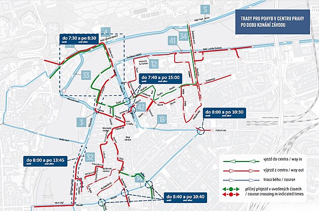 Mapka uzavírek během nedělního maratonu