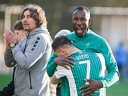 Lamin Jawo, jediný úsp�ný st�elec v semifinále, slaví postup Jablonce do...