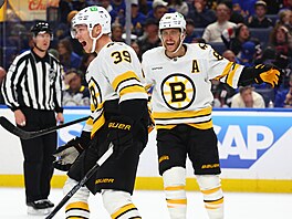 Morgan Geekie s Davidem Pastr�ákem (vzadu) slaví branku.