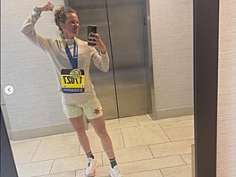 Barbora Strýcová po dokon�ení Bostonského maratonu.