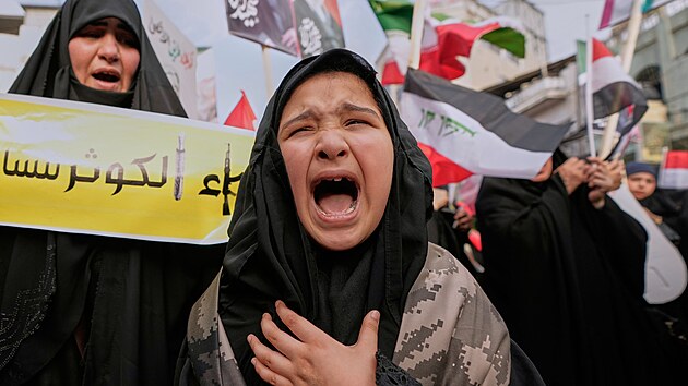Ir�ck� muslimsk� d�vka v Bagd�du skanduje b�hem protestu proti �tok�m USA a...