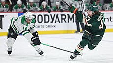 Quinn Hughes (vpravo) z Minnesoty a Radek Faksa z Dallasu.