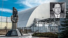 Pomník �ernobylské havárie p�ed ob�ím ocelovým sarkofágem, který má zabránit...
