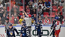 Opravování plexiskla v zápase �eska a Finska na Euro Hockey Tour v �eských...