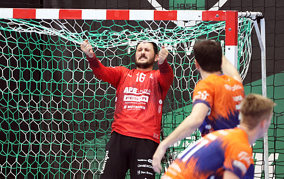 Plze�ský branká� Filip Herajt se raduje po úsp�ném zákroku v záv�ru finálového...