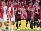 Spar�an�tí fotbalisté slaví gól Asgera Sörensena v derby proti Slavii.