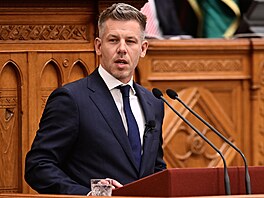 �éf st�edopravicové strany Tisza Peter Magyar skládá p�ísahu jako ma�arský...