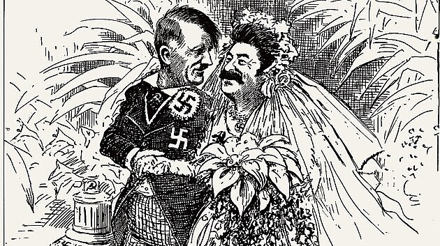 Karikatura k sov�tsko-n�meck�mu paktu, oti�t�n� v americk�ch novin�ch The Washington Star dne 9. ��jna 1939, t�i dny po p�du Polska. Autorem karikatury je Clifford K. Berryman.