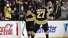 David Pastr�ák (vlevo) a Hampus Lindholm oslavují gól Bostonu.