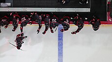 Logan Stankoven oslavuje sv�j gól proti Carolin� se spoluhrá�i z Philadelphie.