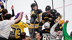 Hokejisté a fanou�ci Bostonu oslavují gól Davida Pastr�áka.