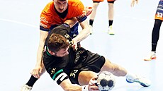 Karvinský Petr �iroký se v souboji s plze�ským Dominikem Skopárem sna�í udr�et...