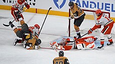 Luká� Dostál v brán� Anaheimu se vrhá po puku v utkání s Vegas Golden Knights.