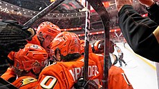 Hokejisté Anaheimu se radují z gólu v �estém utkání s Edmontonem.