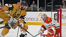 Tomá� Hertl (48) z Vegas Golden Knights úto�í na bránu Anaheim Ducks, v ní�...