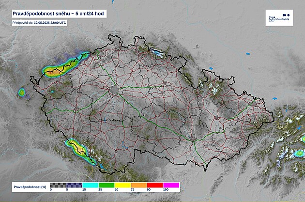 Mapa s p�edpov�d� sn�hov�ch sr�ek v �esku v �ter� 12. kv�tna 2026