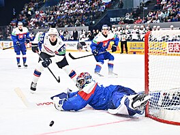 Slovenský branká� Samuel Hlavaj zasahuje v utkání proti Norsku.
