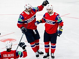 Nor�tí hokejisté oslavují gól Jacoba Berglunda.