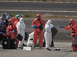 Cestující jsou p�ed nástupem do letadla na Tenerife st�íkáni dezinfek�ním...