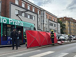 Nehoda v ulici Nuselská v Praze na zastávce Pod jezerkou. Tramvaj srazila �enu,...