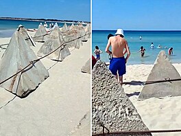 Protitankové p�eká�ky zvané dra�í zuby na plá�i Olen�vka na Krymu (16. kv�tna...