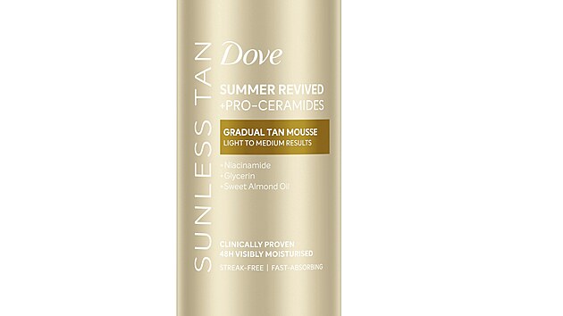 Ultralehk� samoopalovac� p�na Dove Summer Revived poskytuje p�irozen� op�len� t�n bez nutnosti vystavovat poko�ku UV z��en�. Nad�chan� textura se snadno rozt�r�, rychle se vst�eb�v� a umo��uje rovnom�rnou aplikaci skvrn �i oran�ov�ho n�dechu, cena 325 K�.