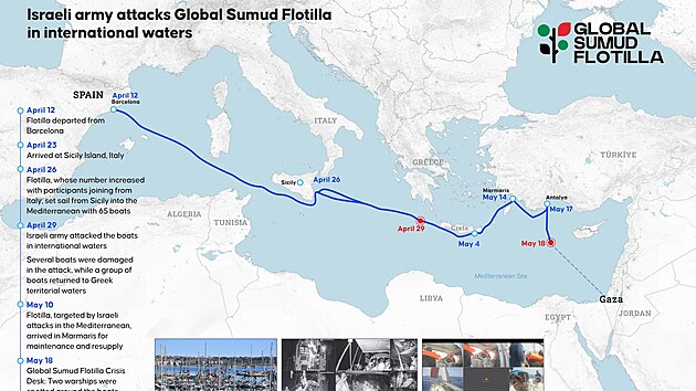Izraelsk� ozbrojen� s�ly zastavily flotilu s humanit�rn� pomoc� pluj�c� do P�sma Gazy. (18. kv�tna 2026)