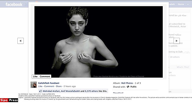 Golshifteh Farahaniov� se jako prvn� �r�nsk� here�ka po Isl�msk� revoluci objevila nah� v m�di�ch. Fotku pro magaz�n French Madame sd�lela i na sv�m Facebooku. (18. ledna 2012)