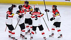 Rakou�tí hokejisté oslavují gól Benjamina Nissnera.